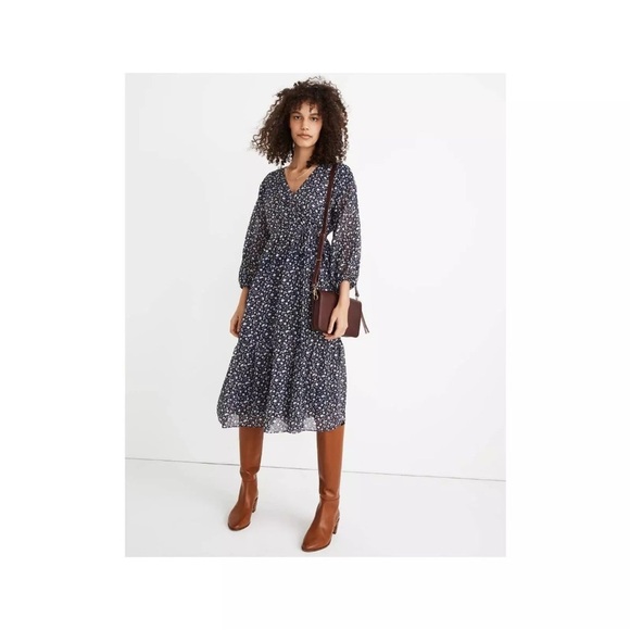 Madewell Navy Tie-Waist Midi Dress in Harvest Vine Floral Size Large MB212 - Picture 2 of 16